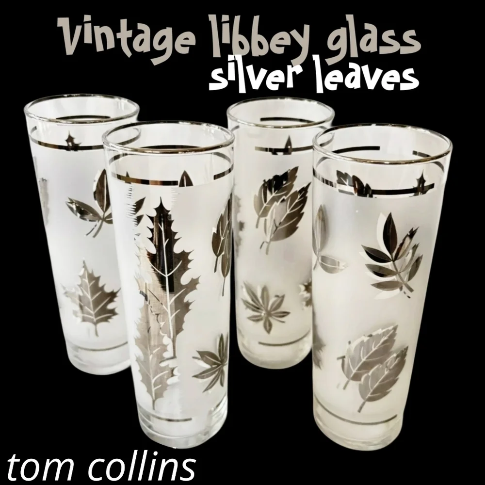 4 Vintage Libbey Metalli Silver Oak Leaves Frosted Collins Glasses 7